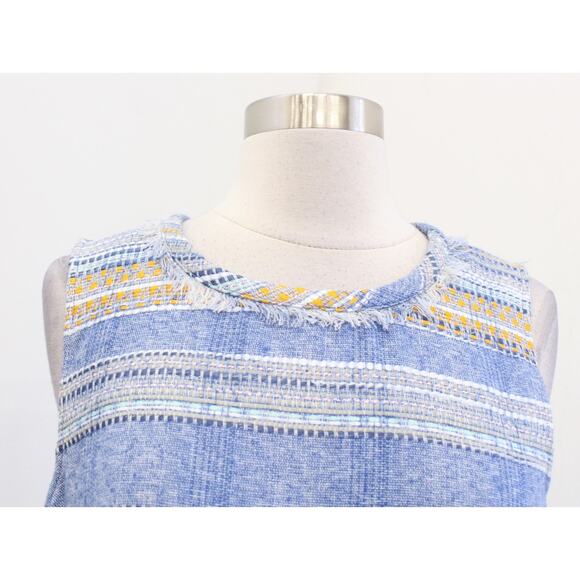 Akemi + Kin Anthropologie Striped Tweed Shift Dress Size 8 Blue Yellow Fringe - Picture 4 of 9